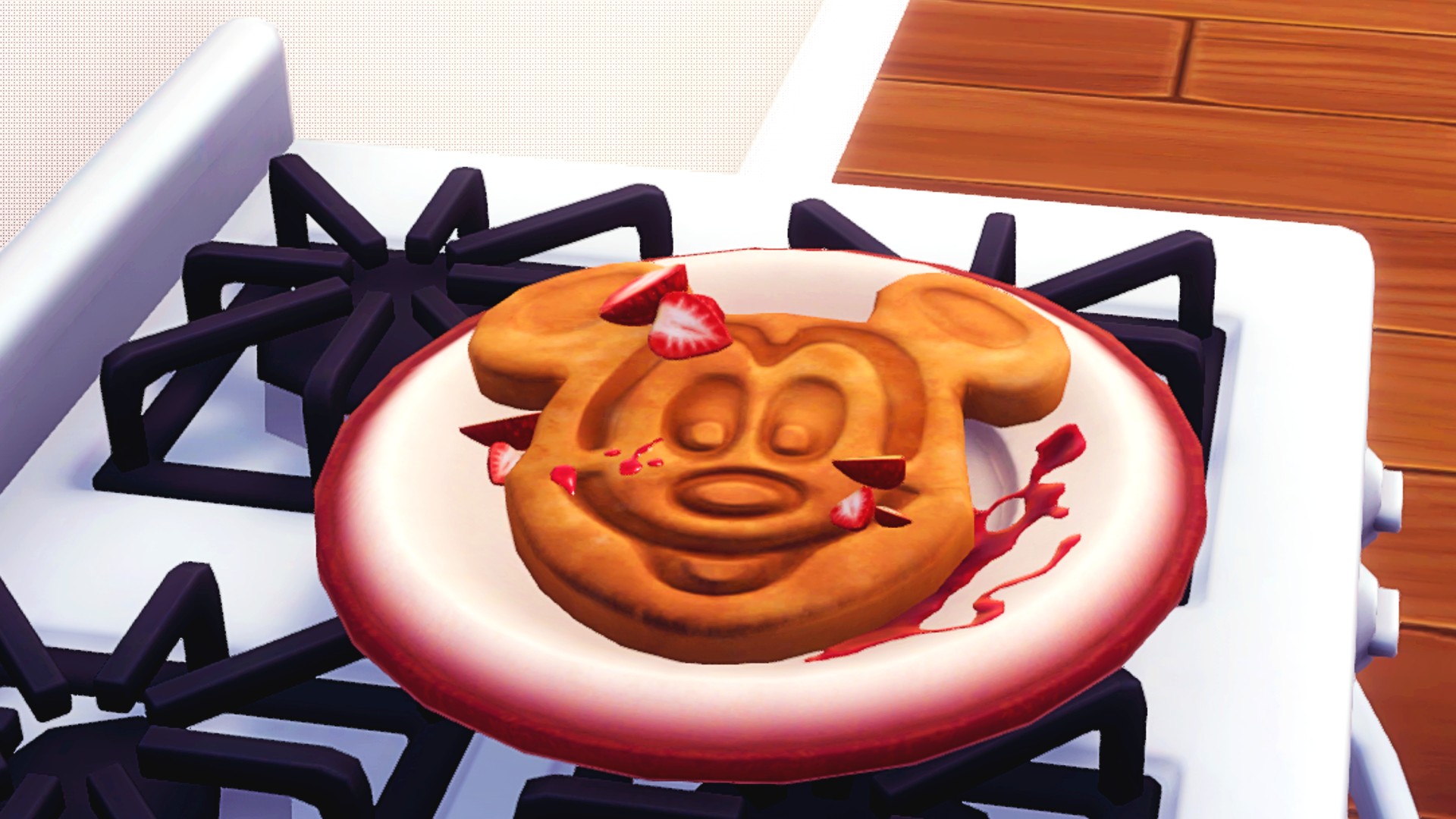 Disney Dreamlight Valley four-star recipes: A waffle shaped like Mickey's face is covered in strawberries and red jam, showing the Jam waffles recipe.