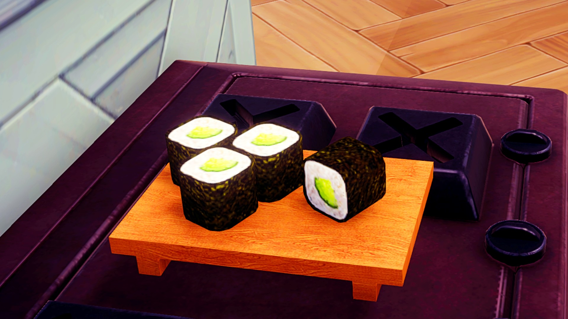 Disney Dreamlight Valley three star recipes: Kappa Maki, four pieces of kappa maki sushi sit on a wooden sushi platter.