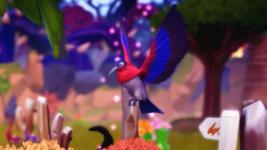 Disney Deramlight Valley animals: A bright blue and red sunbird flaps its wings after being fed its favourite food, blue trees and plants fill the background in the sunlit plateau.