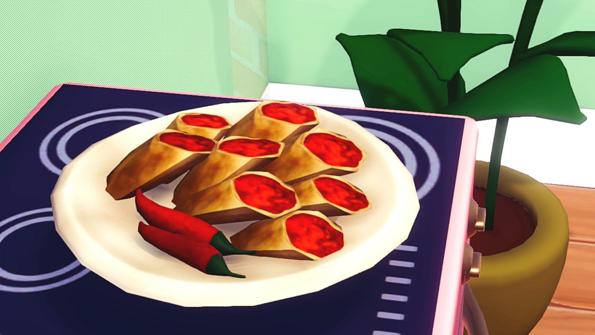 Disney Dreamlight Valley three star recipes: Two red chillis sit beside a plate of Chili Pepper Puffs.
