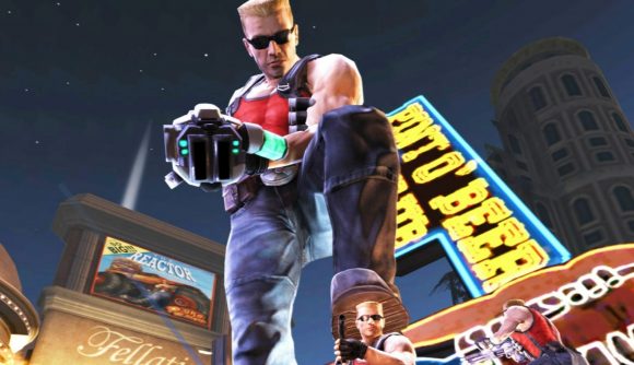 Duke Nukem Forever “remaster” restores Gearbox FPS to original glory: A giant Duke Nukem stands over the landscape of Las Vegas