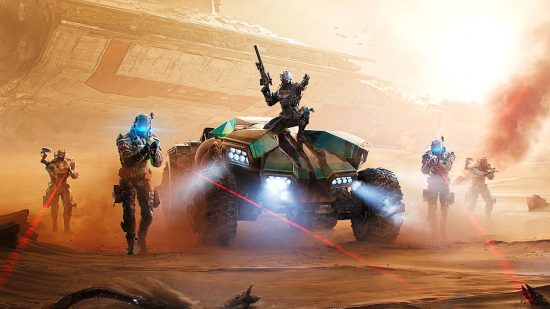 Earth: Revival is a solid MMO and weird survival game: a sci-fi jeep in a desert flanked by soldiers