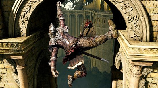 Elden Ring mod - Player Ragdoll Physics - a knight in full armour falls from a high bridge, limbs flailing in all directions