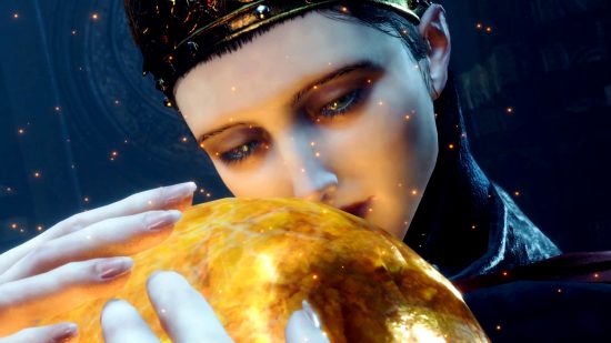 Elden Ring mod Reborn - Rennala of the Full Moon, a pale woman clutching a giant golden orb close to her chest, its light washing gently over her face