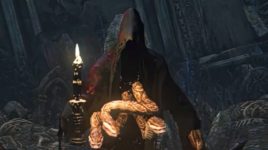 Elden Ring PvP builds - the Shadow of Yharnam, a hooded figure with a candle and scimitar, who has three snakes bursting from their chest