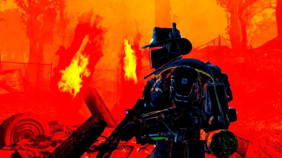 Fallout 4 mod adds Star Wars-style DLC-size expansion to Bethesda RPG: A Galac-Tac mercenary from the Fallout 4 mod stands before a burning building