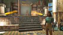 Fallout 76 Shakespearean Sonnet festival: A woman stands in front of a home-made stage with 'The Vaults' displayed in lights on the backdrop