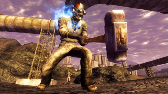 Fallout: New Vegas mod restores content cut for RPG’s console release: a post-apocalyptic bandit from Fallout: New Vegas swings a gigantic sledgehammer