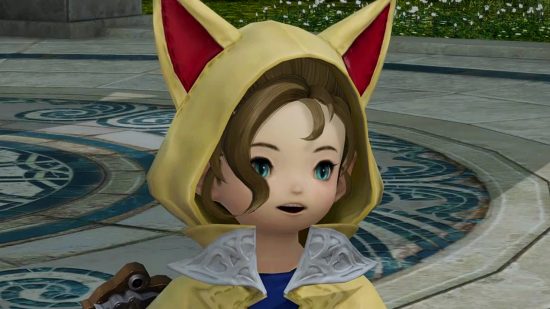 FFXIV 7.0 story planning - Krile Baldesion, a lalafell in a large yellow hooded coat with big animal ears