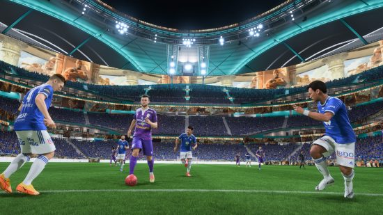FIFA 23 Around The World SBC solution: A player in a purple kit dribbling the ball while four opposing players defend