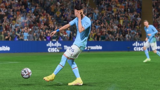 FIFA 23 how to flair shot: a player covers their face as they take a shot on goal