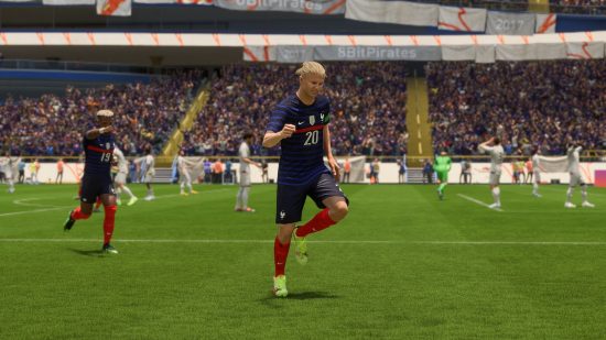 FIFA 23 Pro Clubs: a player wheels away in celebration after scoring a goal