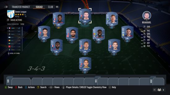 Fifa 23 Seven League Boots SBC solution: 11 grey football cards sit on top of a 2D football pitch