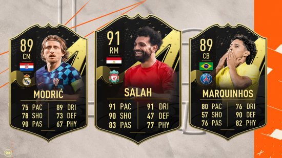 FIFA TOTW 2 Revealed: Three football cards, with the players respective stats