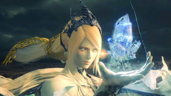 Final Fantasy 16 trailer - Shiva, a goddess wih long blonde hair, holds an aether crystal up in front of her