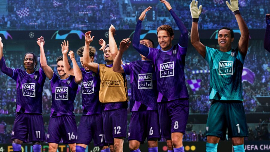 Football Manager 2023 - a team of football players in purple kits celebrate in a stadium full of fans
