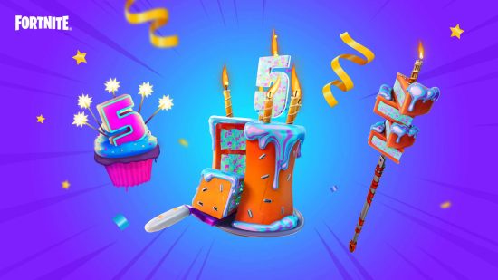 Fortnite 5th birthday items with cake theming. 