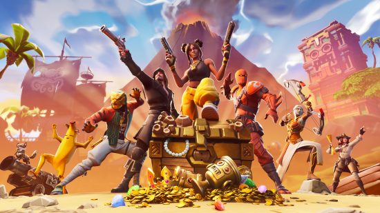 Fortnite chapter 3 season 4 is nearly upon us. This image shows a group of fortnite characters with a treasure chest.