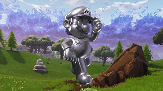 Fortnite Chapter 3 Season 4 Chrome is taking over. This image shows Metal Mario in front of a Fortnite landscape.