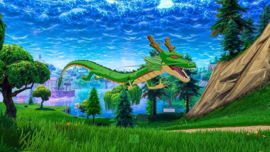 Fortnite chapter 3 season 4 flying animals. This image shows Shenron in front of a fortnite landscape.