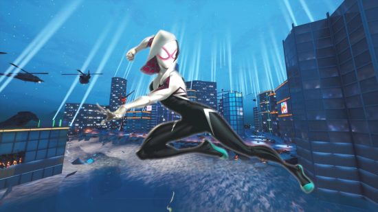 Fortnite Chapter 3 Season 4 release date: Spider-Gwen mid-swing as helicopters soar above a flooded city.