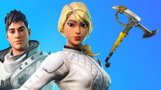 Fortnite item shop error - a blonde character in the Overtaker skin next to the Clutch Axe pickaxe and a black-haired character in the Whiteout skin