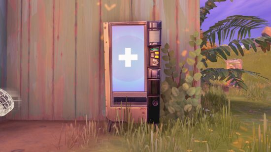 Fortnite Mending Machines：白い十字を示す青いLEDディスプレイを備えた自動販売機。小屋の外に座っています。
