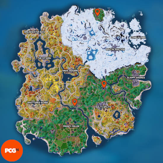 Fortnite mending machines - a map with three orange pins showing the known locations of the mending machines.