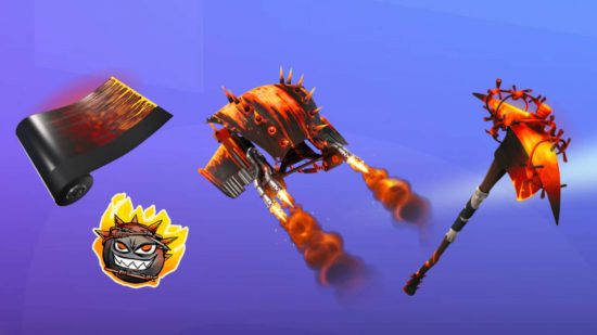 Fortnite Reboot Rally: a selection of the rewards you can get by completing Reboot Rally challenges, including a wrap, glider, harvesting tool, and graffiti.