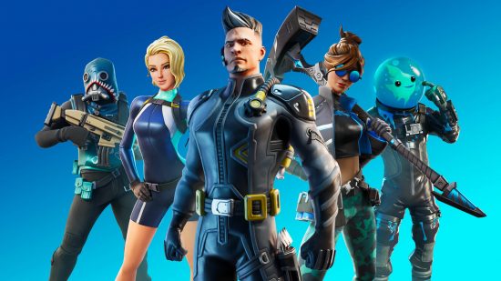 Fortnite skins physics end up a bit broken sometimes. This image shows multiple Fortnite skins in front of a blue background.