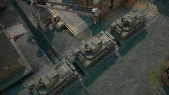 Foxhole Inferno Update: Tanks painted green are placed on board rail platforms in Foxhole.