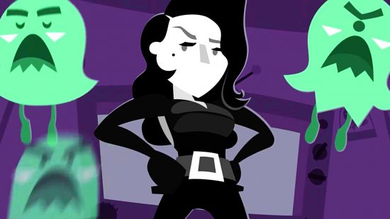 Free Games: Runbow - a lady dressed in all black looks down at the camera, hands on her hips, as three green ghosts fly around her
