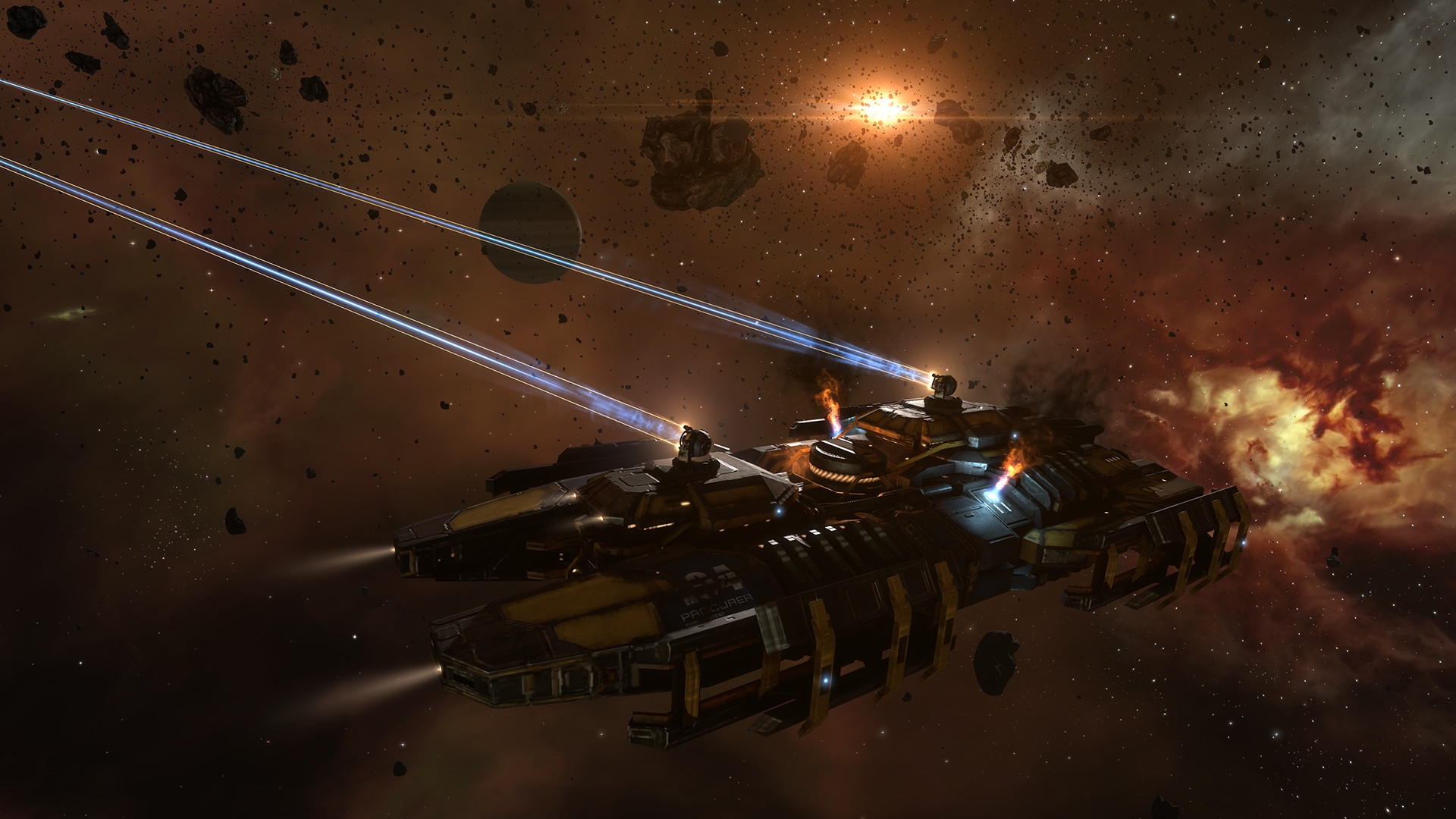 MMO Gratis Terbaik: Eve Online. Gambar menunjukkan pesawat ruang angkasa menembakkan laser di ruang angkasa