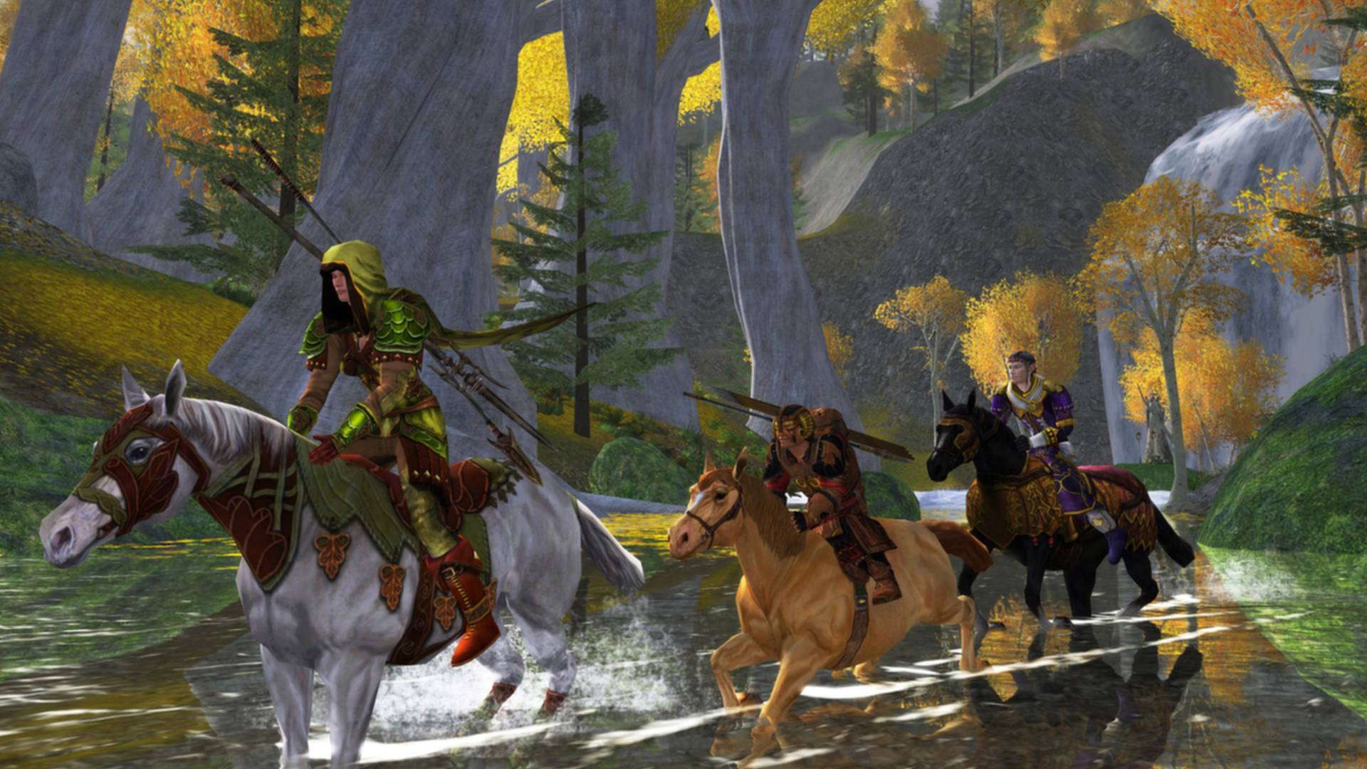 I migliori MMO gratuiti: Lord of the Rings Online. L'immagine mostra una processione di persone sui cavalli che cavalcano un fiume