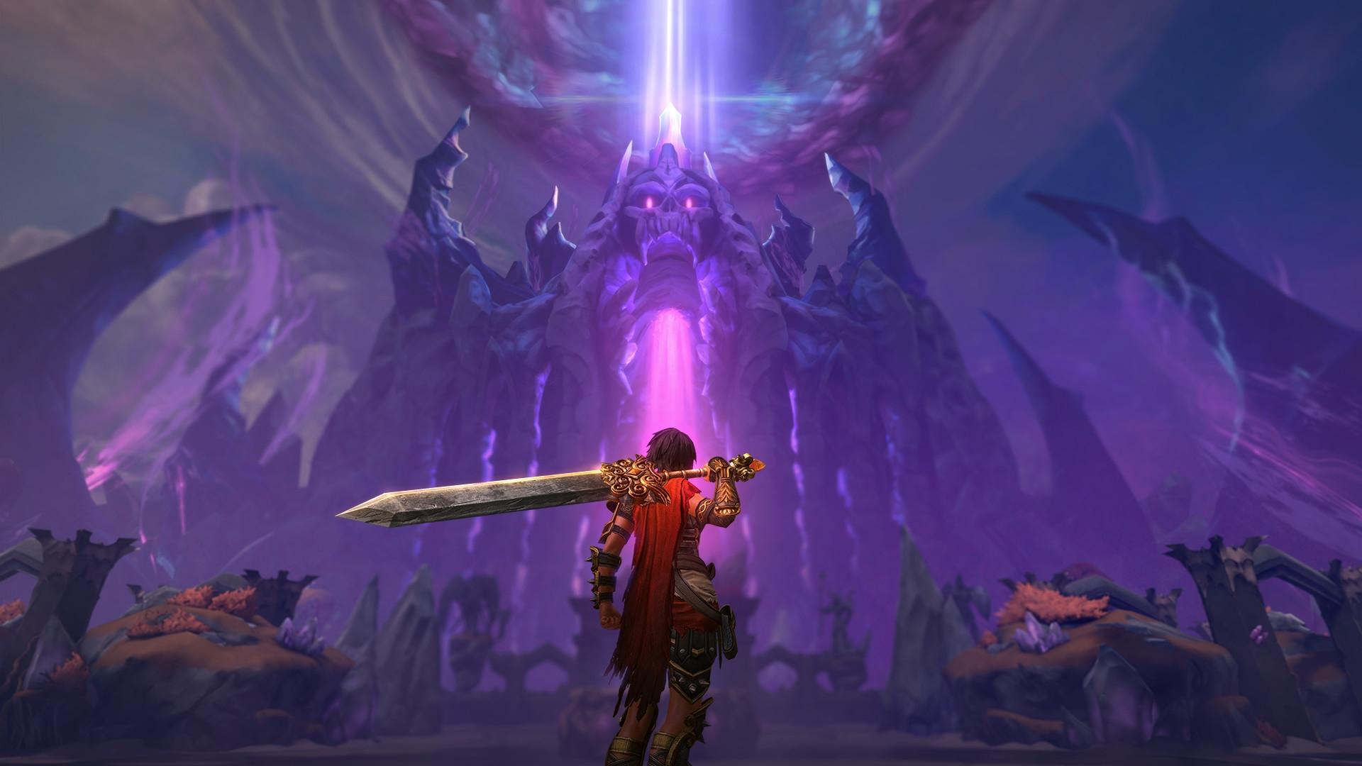 Best free MMOs: Smite. Image shows a character with a sword looking up at an ominous structure.