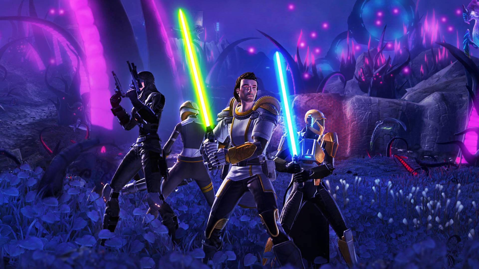 Best free MMOs: Star Wars: The Old Republic. Image shows a group of Jedi preparing for battle.