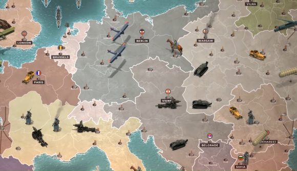 Free steam games: Supremacy 1914. Image shows a map of the world with various military units moving around on it.
