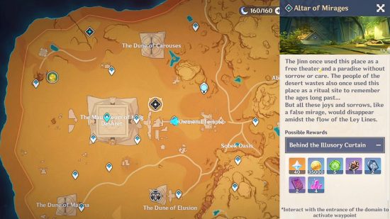 Genshin Impact Altar of Mirages Cómo desbloquear: el mapa de Sumeru con el marcador de dominio Mirages seleccionado, justo al noroeste del Templo Khemenu y el Mausoleo del Rey Deshret
