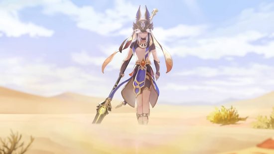 Genshin Impact Materials Cyno Ascension: Cyno slowly approaches the camera with a spear, while walking in a desert.  There are some bushes trying to grow in the sand.