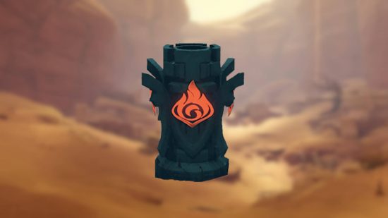 Genshin Impact Garden of Endless Pillars Domain: a Pyro totem on a blurred background of a desert.