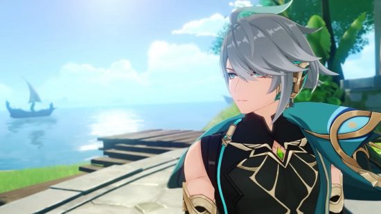 Genshin Impact leak: A silver-haired man looks over the ocean as a ship sails in the background
