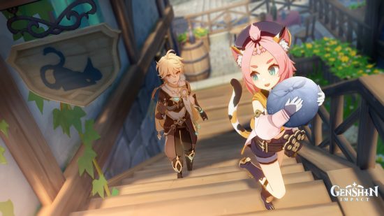 Genshin Impact leak: A young girl with cat ears is walking up wooden steps with a parcel