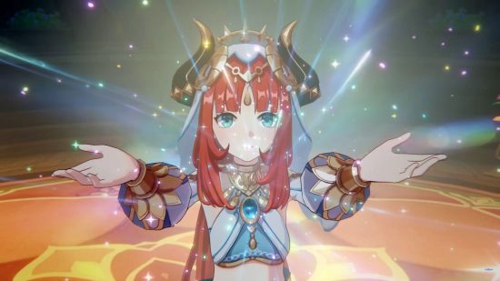 Genshin Impact Nilou build: Nilou with her arms outstretched, bursting with elemental Hydro energy, coming to the end of her lotus dance performance.