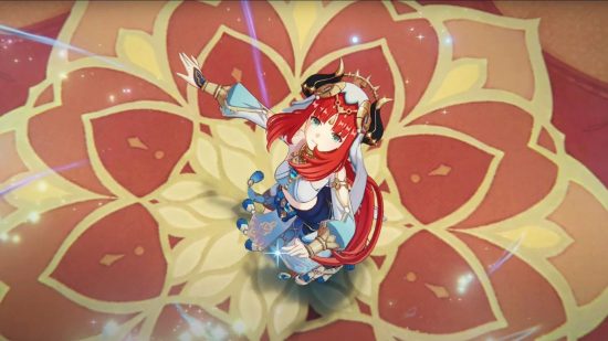 Genshin Impact Nilou build: Nilou performing on a stage that's painted to resemble a red lotus flower, gazing upwards as the power of her elemental skill takes hold.