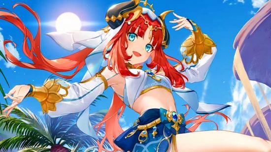 Genshin Impact Nilou team comp: Nilou, the five-star Hydro user coming to the Genshin Impact 3.1 update, in the midst of performing her lotus dance, her white veil and ornamental horns framing her red hair.