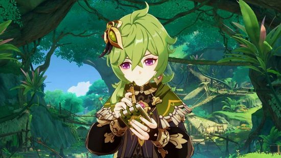 Genshin Impact Star Seeker's Sojourn event: Collei, a Dendro character released in Genshin Impact 3.0, writing in a notebook while standing in a lush, verdant forest.