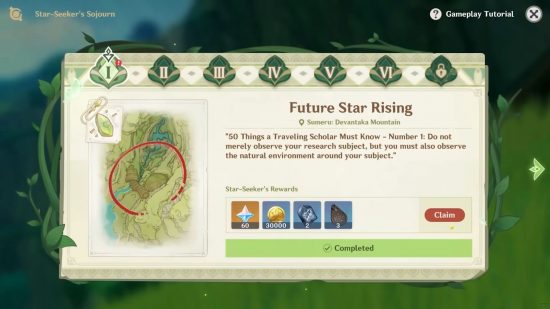 Genshin Impact Star Seeker's Sojourn event: The Star Seeker's Sojourn event menu, detailing the location of each of the six Future Stars, alongside a map illustration of the general vicinity.