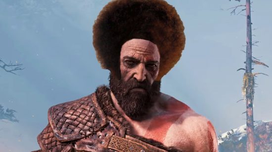 Bob Ross God of War cosplay - an image of Kratos from God of War (2018) with Bob Ross's signature permed afro