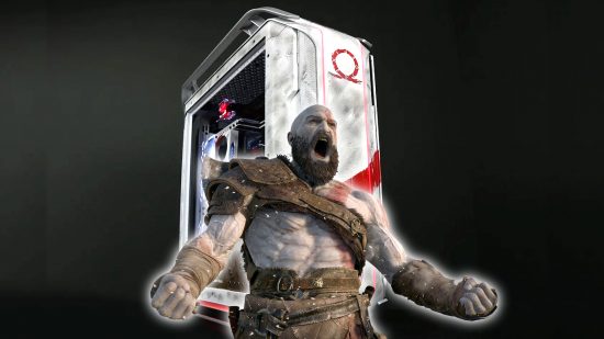 Kratos from God of War standing in front of custom gaming PC