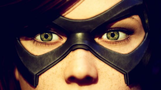 Gotham Knights PC features: An extreme close-up shot of Batgirl's eyes and nose